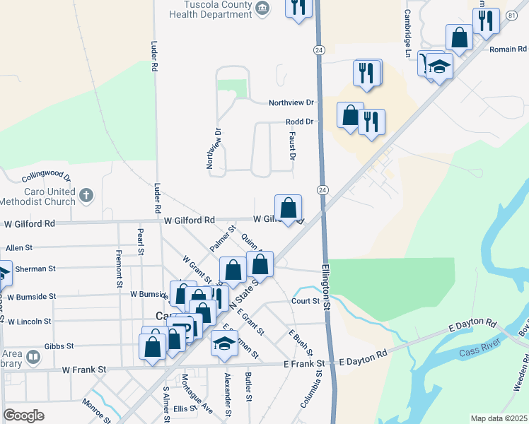 map of restaurants, bars, coffee shops, grocery stores, and more near 82 West Gilford Road in Caro
