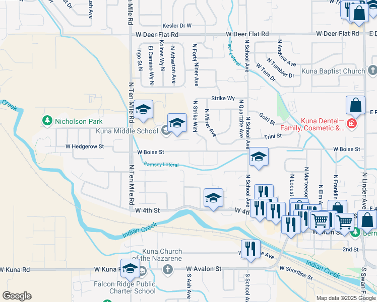map of restaurants, bars, coffee shops, grocery stores, and more near 1360 West Boise Street in Kuna