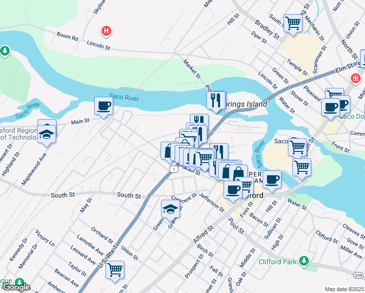 map of restaurants, bars, coffee shops, grocery stores, and more near 17 Saint Marys Street in Biddeford