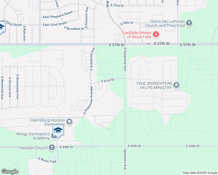 map of restaurants, bars, coffee shops, grocery stores, and more near 5400 Seville Place in Sioux Falls