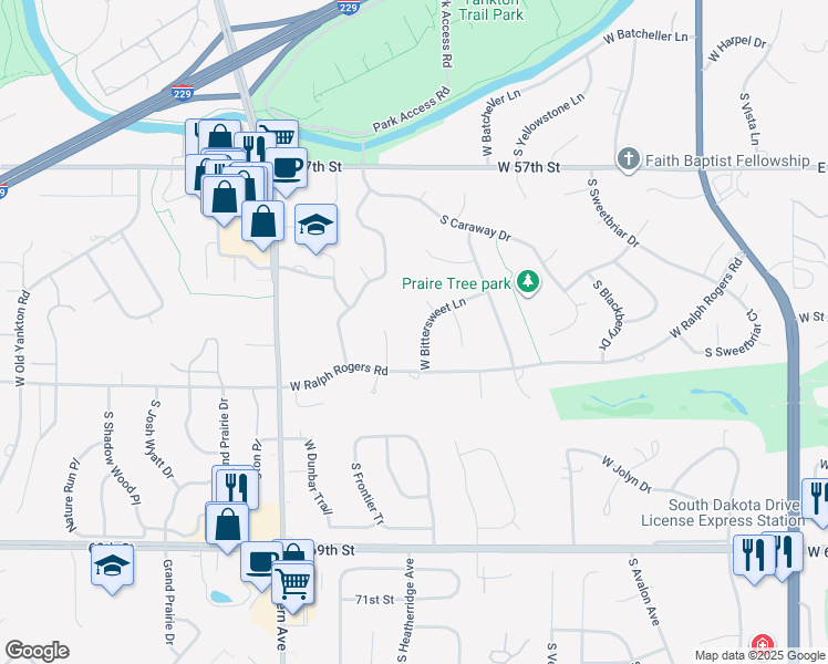map of restaurants, bars, coffee shops, grocery stores, and more near 1000-1138 W Bittersweet Ln in Sioux Falls