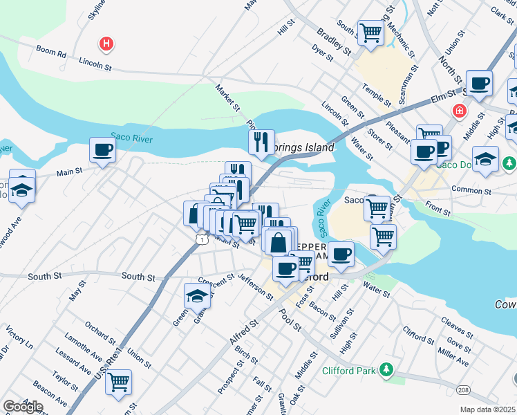 map of restaurants, bars, coffee shops, grocery stores, and more near in Biddeford