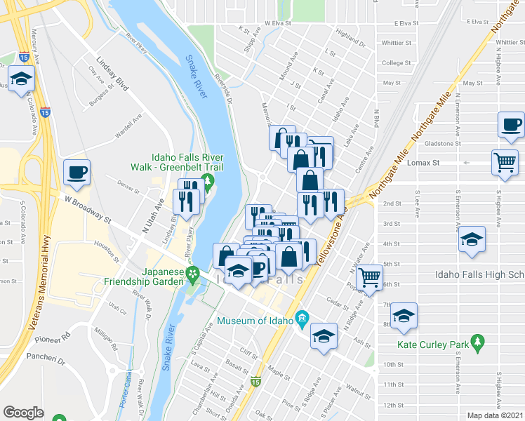 map of restaurants, bars, coffee shops, grocery stores, and more near 577 D Street in Idaho Falls