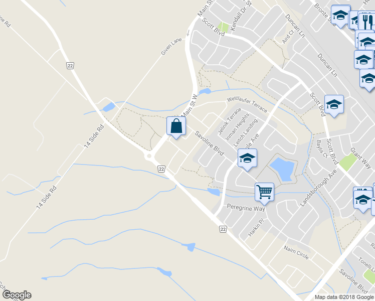 map of restaurants, bars, coffee shops, grocery stores, and more near 413 Kincardine Terrace in Milton