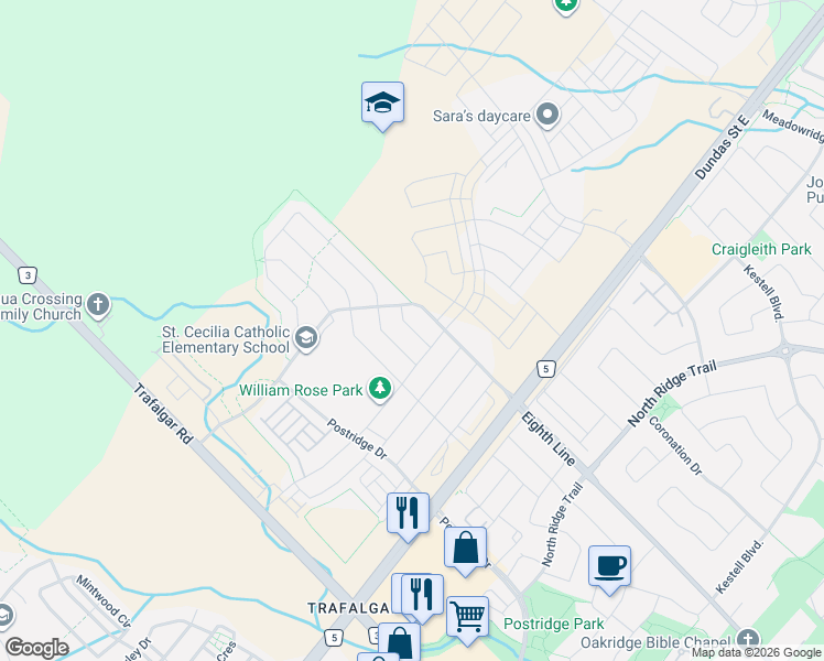 map of restaurants, bars, coffee shops, grocery stores, and more near 3117 River Rock Path in Oakville