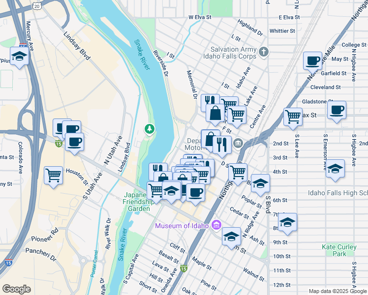map of restaurants, bars, coffee shops, grocery stores, and more near 676 Memorial Drive in Idaho Falls