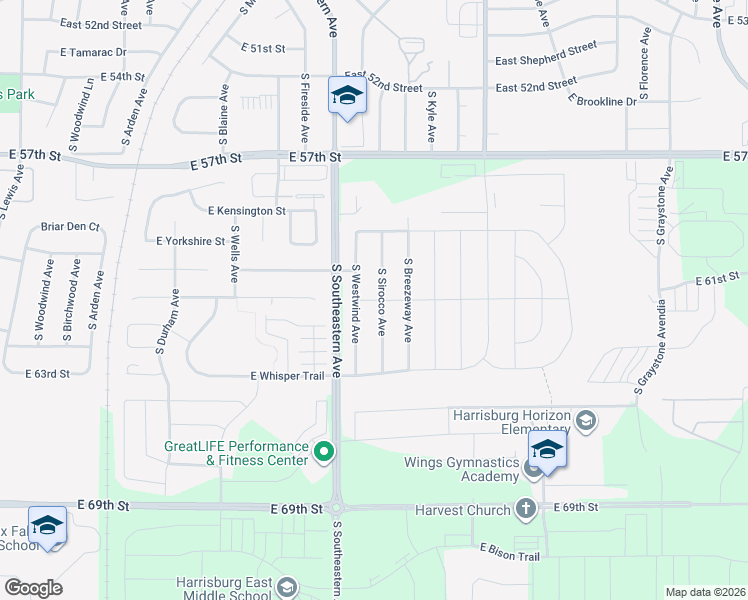 map of restaurants, bars, coffee shops, grocery stores, and more near East Tree Top Street in Sioux Falls
