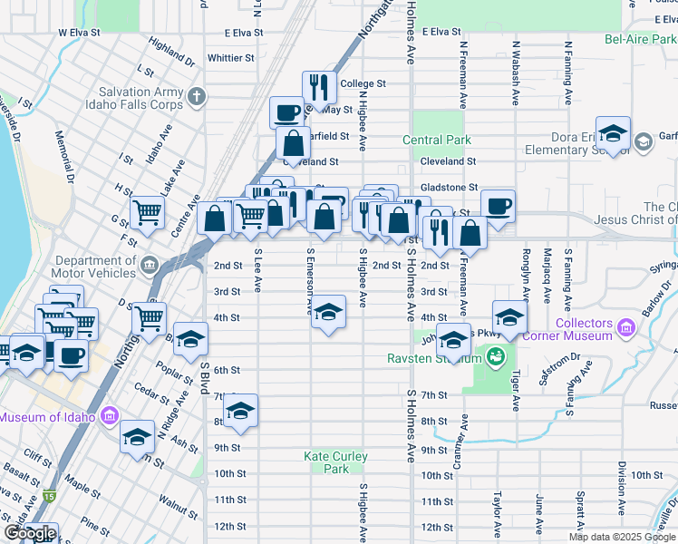 map of restaurants, bars, coffee shops, grocery stores, and more near 339 3rd Street in Idaho Falls
