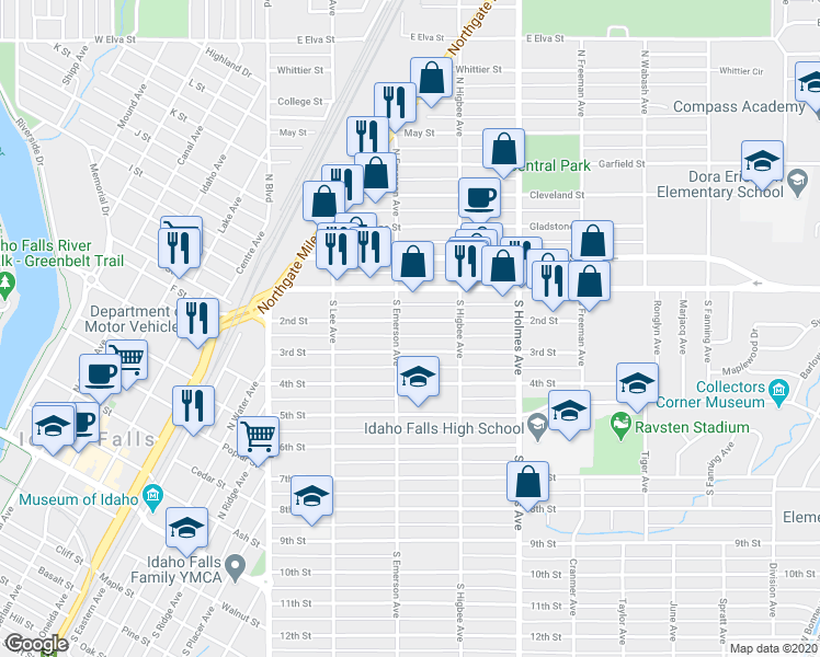 map of restaurants, bars, coffee shops, grocery stores, and more near 339 3rd Street in Idaho Falls