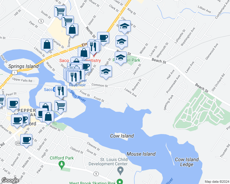 map of restaurants, bars, coffee shops, grocery stores, and more near 21 Gray Avenue in Saco
