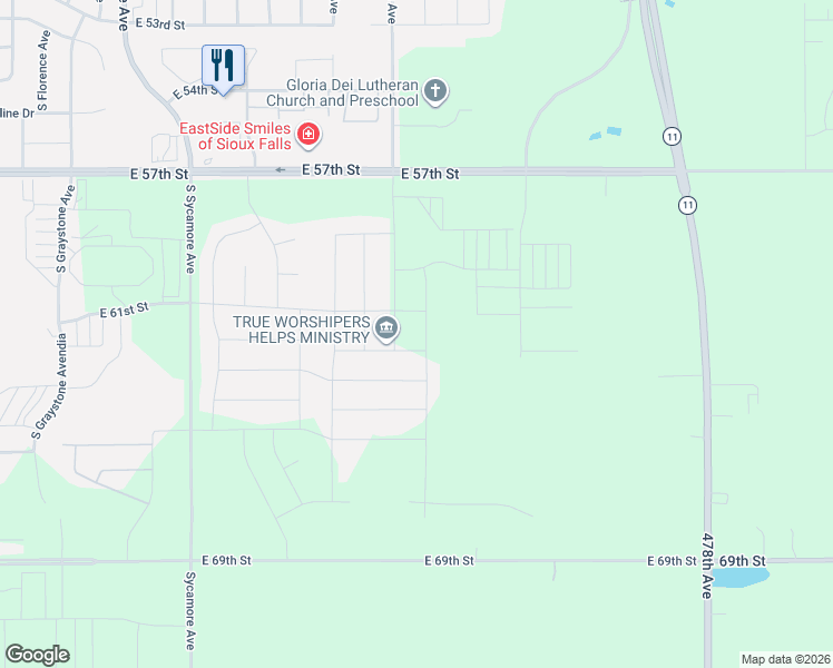 map of restaurants, bars, coffee shops, grocery stores, and more near 5525 South Huntwood Avenue in Sioux Falls