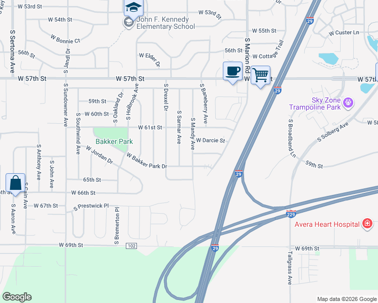 map of restaurants, bars, coffee shops, grocery stores, and more near 5600 South Sarmar Avenue in Sioux Falls