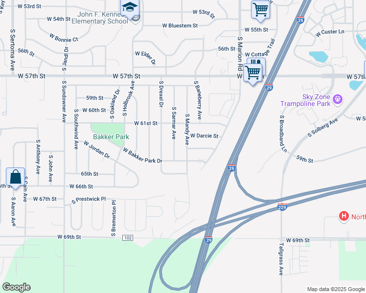 map of restaurants, bars, coffee shops, grocery stores, and more near 5600 South Sarmar Avenue in Sioux Falls