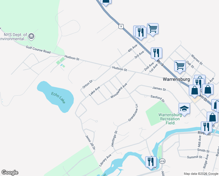 map of restaurants, bars, coffee shops, grocery stores, and more near 6 Keyes Street in Warrensburg