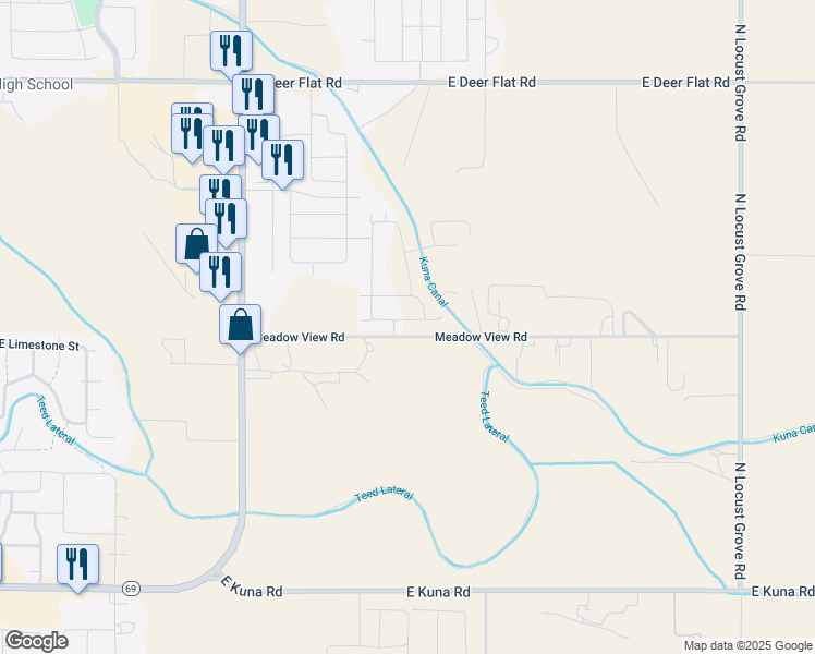 map of restaurants, bars, coffee shops, grocery stores, and more near 700 North Meridian Road in Kuna