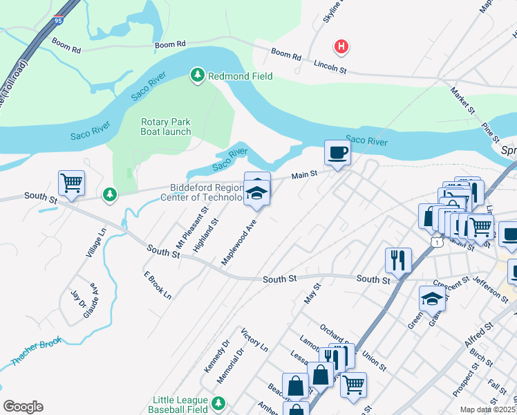 map of restaurants, bars, coffee shops, grocery stores, and more near 10 Maplewood Avenue in Biddeford