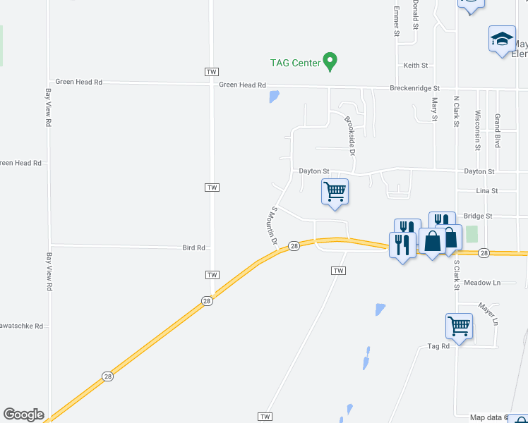 map of restaurants, bars, coffee shops, grocery stores, and more near 321 South Mountin Drive in Mayville