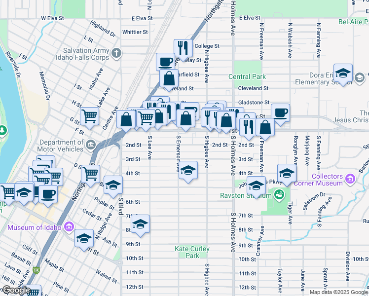 map of restaurants, bars, coffee shops, grocery stores, and more near 320 2nd Street in Idaho Falls