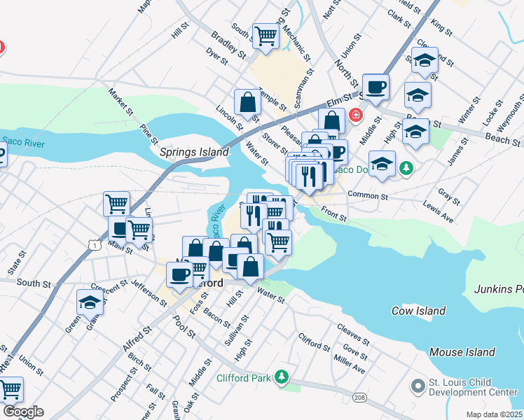map of restaurants, bars, coffee shops, grocery stores, and more near 1 Gooch Street in Biddeford