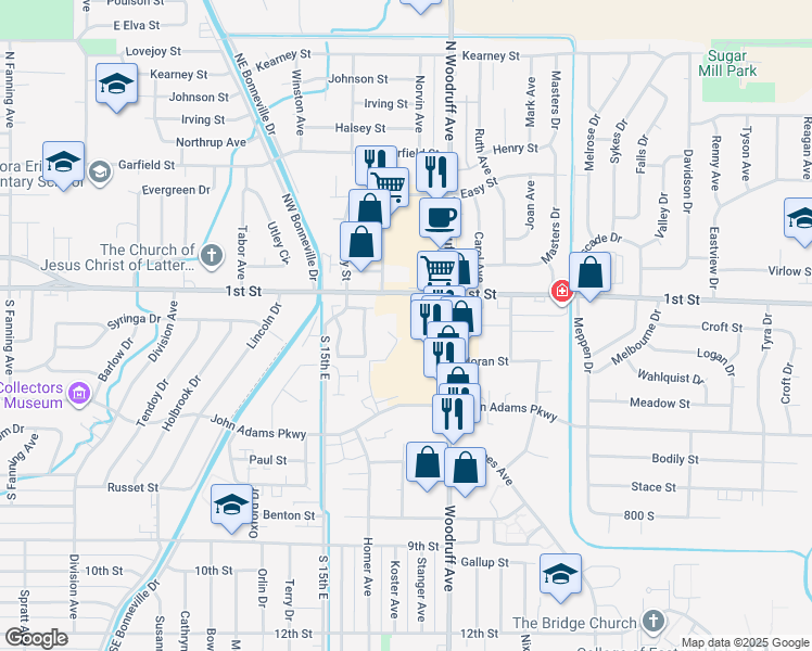 map of restaurants, bars, coffee shops, grocery stores, and more near 240 South Woodruff Avenue in Idaho Falls