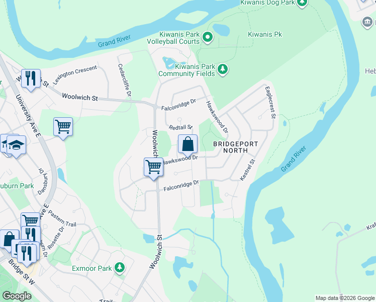map of restaurants, bars, coffee shops, grocery stores, and more near 176 Redtail Street in Kitchener