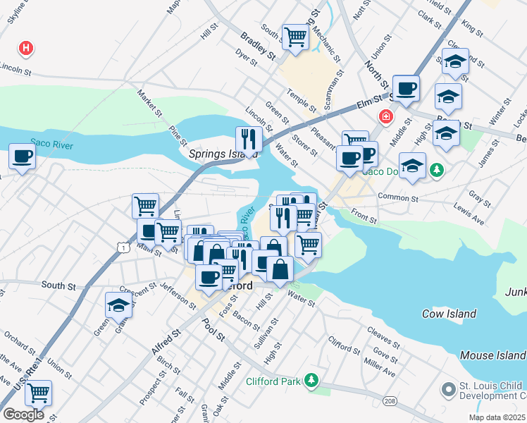 map of restaurants, bars, coffee shops, grocery stores, and more near 14 Gooch Street in Saco