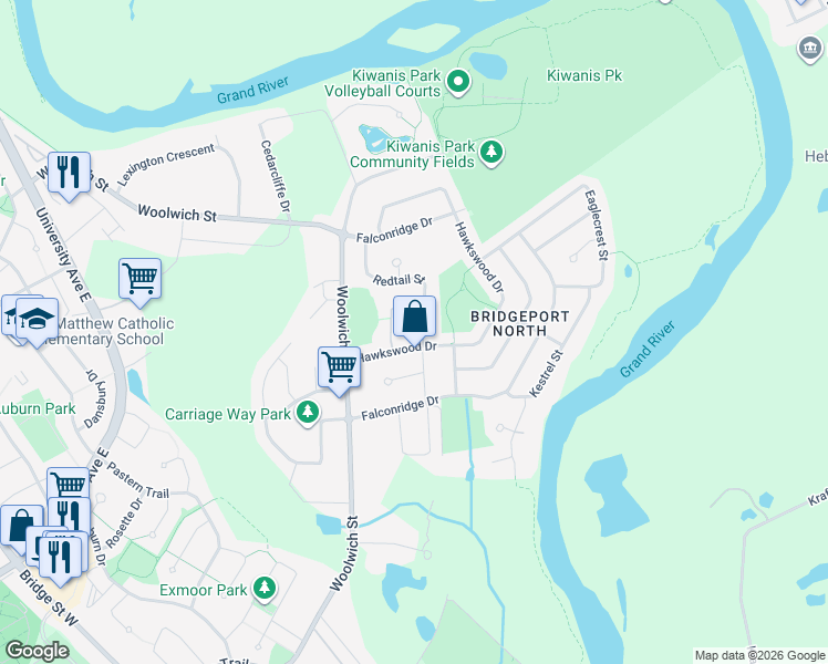 map of restaurants, bars, coffee shops, grocery stores, and more near 145 Redtail Street in Kitchener