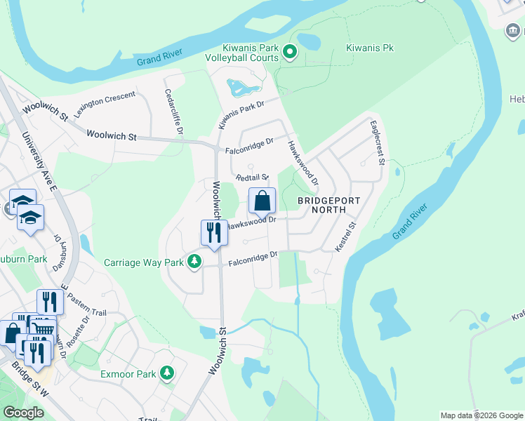 map of restaurants, bars, coffee shops, grocery stores, and more near 176 Redtail Street in Kitchener