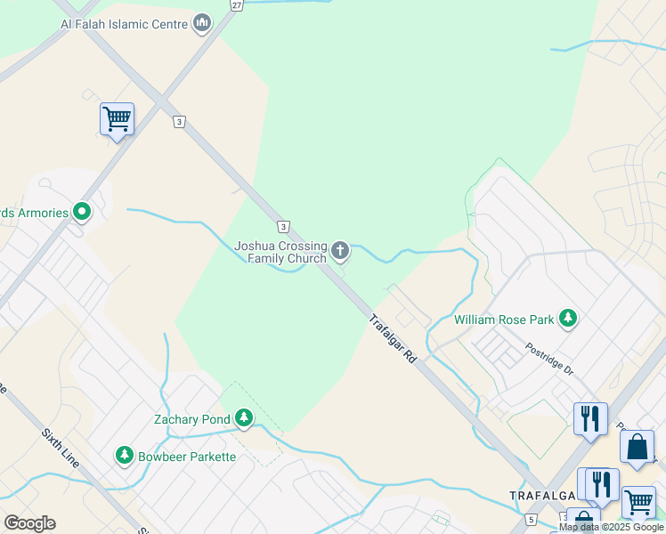 map of restaurants, bars, coffee shops, grocery stores, and more near 3315 Trafalgar Road in Oakville