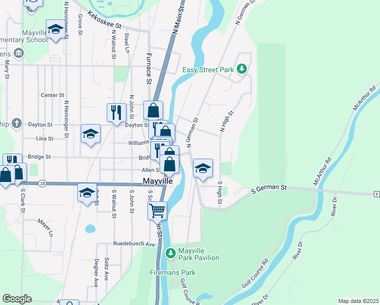 map of restaurants, bars, coffee shops, grocery stores, and more near in Mayville