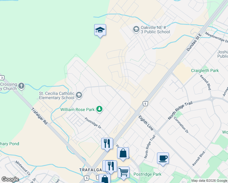 map of restaurants, bars, coffee shops, grocery stores, and more near 516 Threshing Mill Boulevard in Oakville