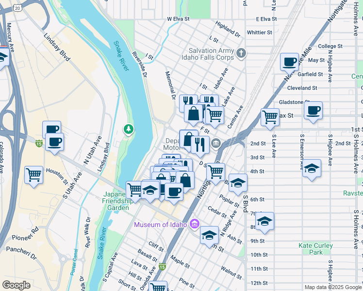 map of restaurants, bars, coffee shops, grocery stores, and more near 483 D Street in Idaho Falls