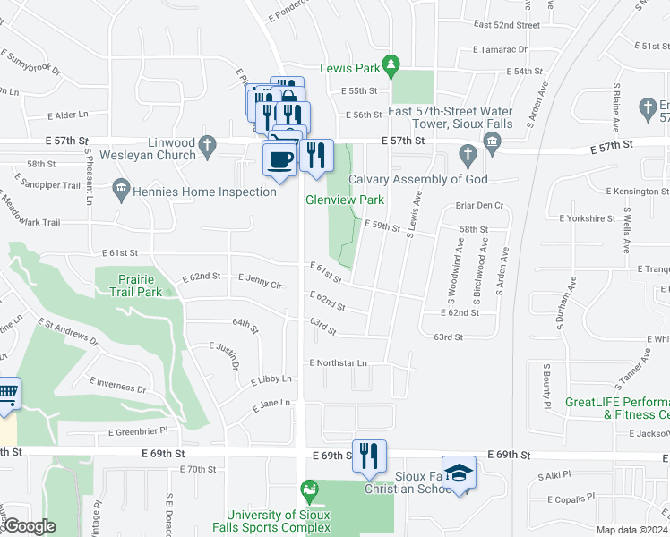 map of restaurants, bars, coffee shops, grocery stores, and more near 1402 East 61st Street in Sioux Falls
