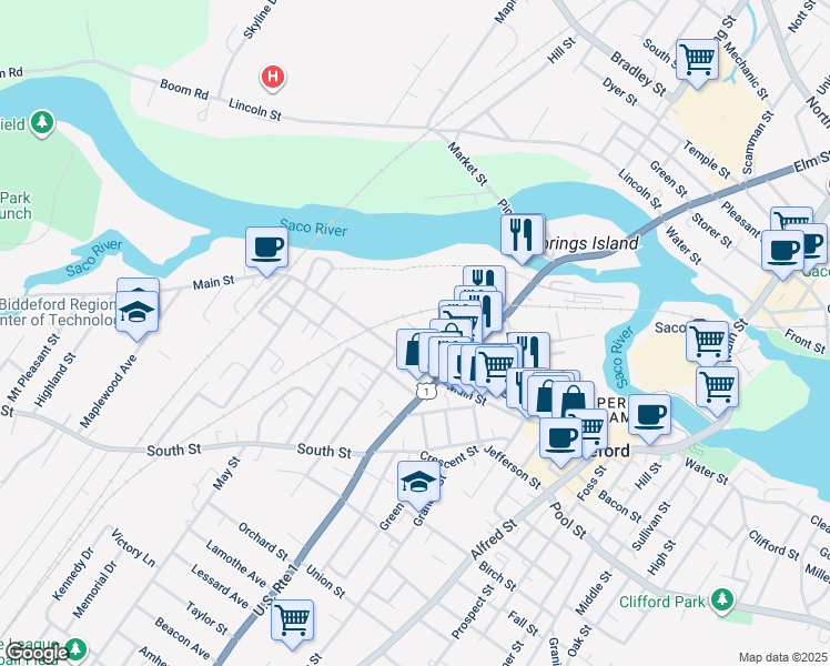 map of restaurants, bars, coffee shops, grocery stores, and more near 17 Saint Marys Street in Biddeford