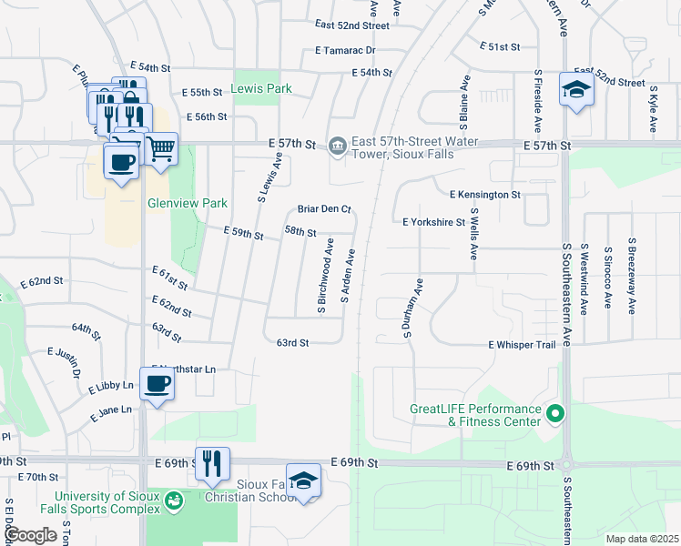 map of restaurants, bars, coffee shops, grocery stores, and more near 5112-5200 South Birchwood Avenue in Sioux Falls