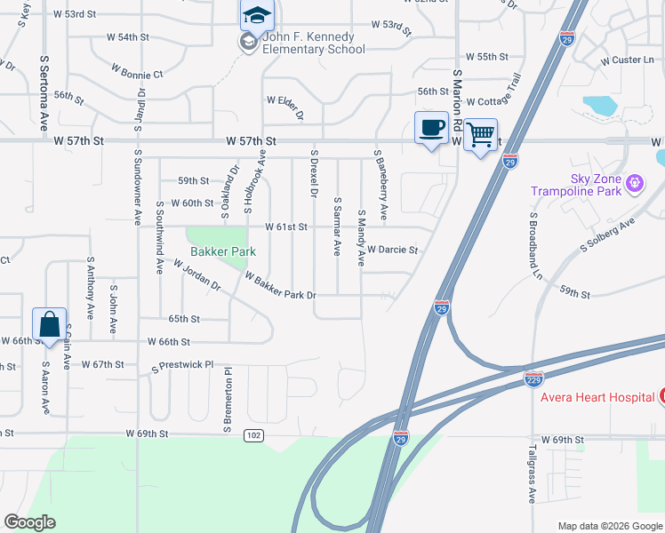map of restaurants, bars, coffee shops, grocery stores, and more near 5600 South Sarmar Avenue in Sioux Falls
