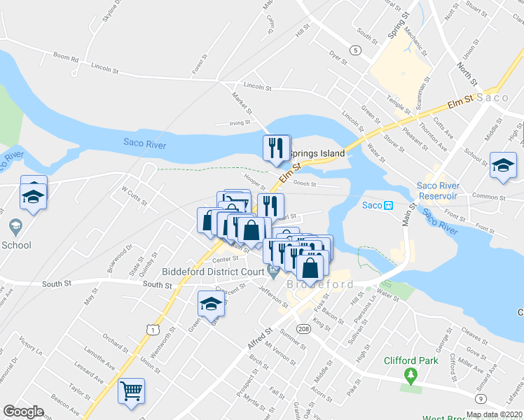 map of restaurants, bars, coffee shops, grocery stores, and more near in Biddeford
