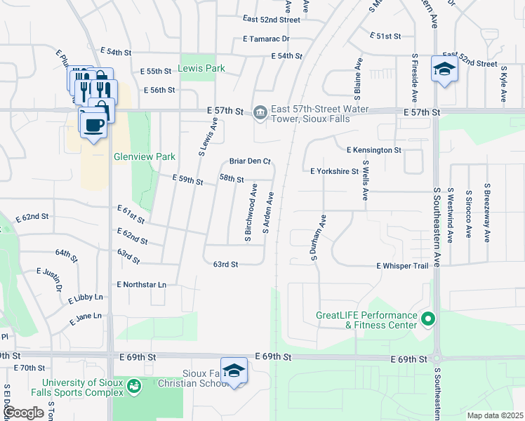 map of restaurants, bars, coffee shops, grocery stores, and more near 5112-5200 South Birchwood Avenue in Sioux Falls