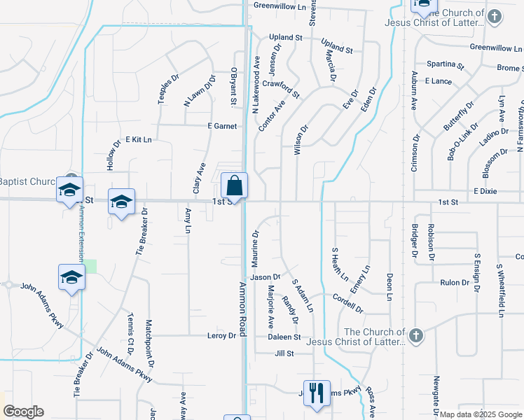 map of restaurants, bars, coffee shops, grocery stores, and more near 164 Maurine Drive in Idaho Falls