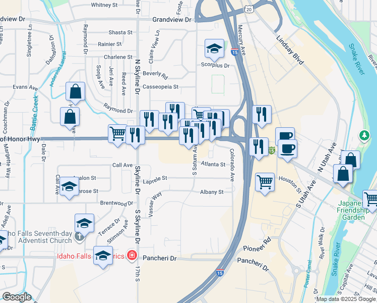 map of restaurants, bars, coffee shops, grocery stores, and more near South Saturn Avenue in Idaho Falls