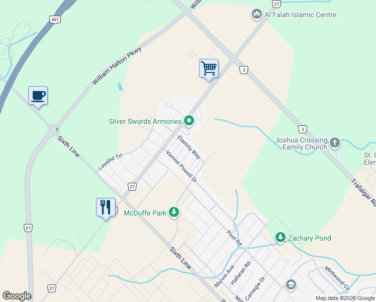 map of restaurants, bars, coffee shops, grocery stores, and more near 3427 Eternity Way in Oakville