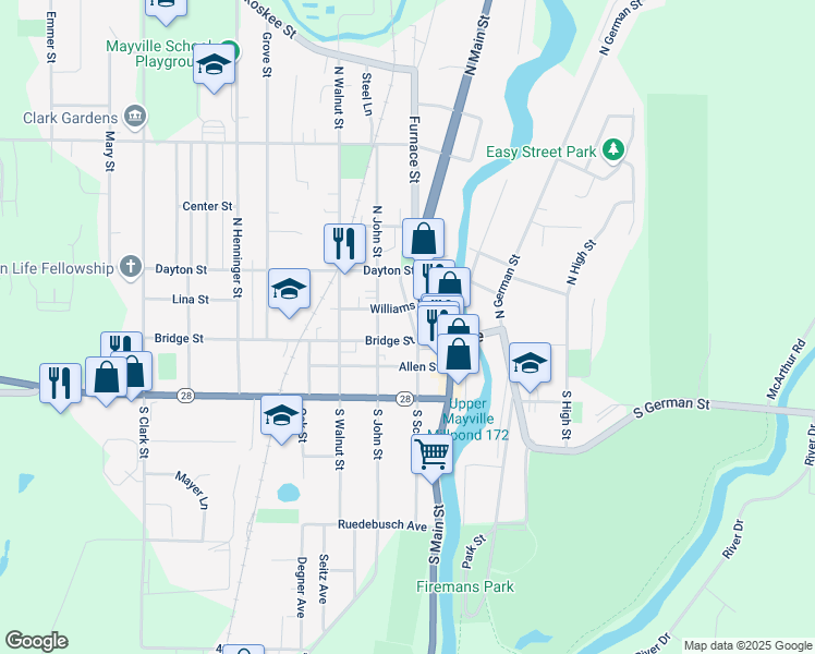 map of restaurants, bars, coffee shops, grocery stores, and more near 231 Bridge Street in Mayville