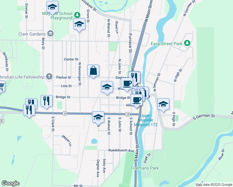map of restaurants, bars, coffee shops, grocery stores, and more near 4 South Walnut Street in Mayville