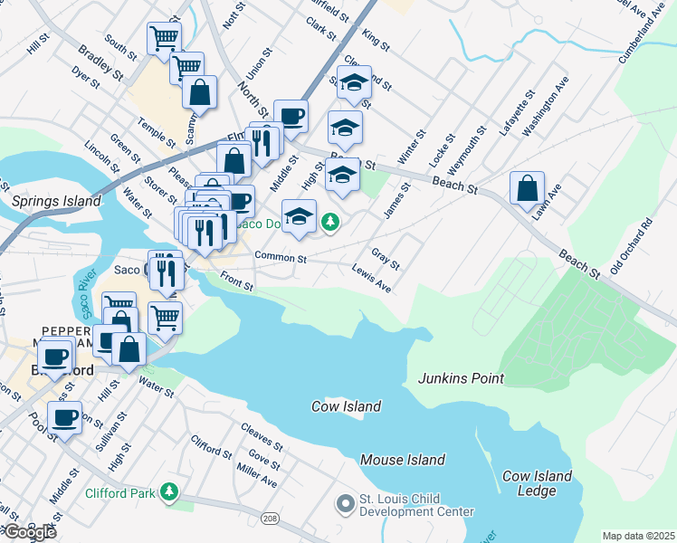 map of restaurants, bars, coffee shops, grocery stores, and more near 3 Hobson Lane in Saco