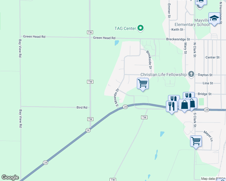 map of restaurants, bars, coffee shops, grocery stores, and more near 301 South Mountin Drive in Mayville