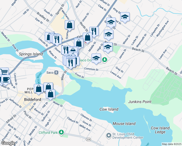 map of restaurants, bars, coffee shops, grocery stores, and more near 15 Bartlett Street in Saco
