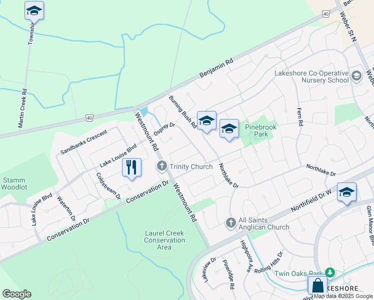 map of restaurants, bars, coffee shops, grocery stores, and more near 299 Bushview Crescent in Waterloo
