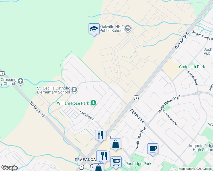 map of restaurants, bars, coffee shops, grocery stores, and more near 3070 Eighth Line in Oakville