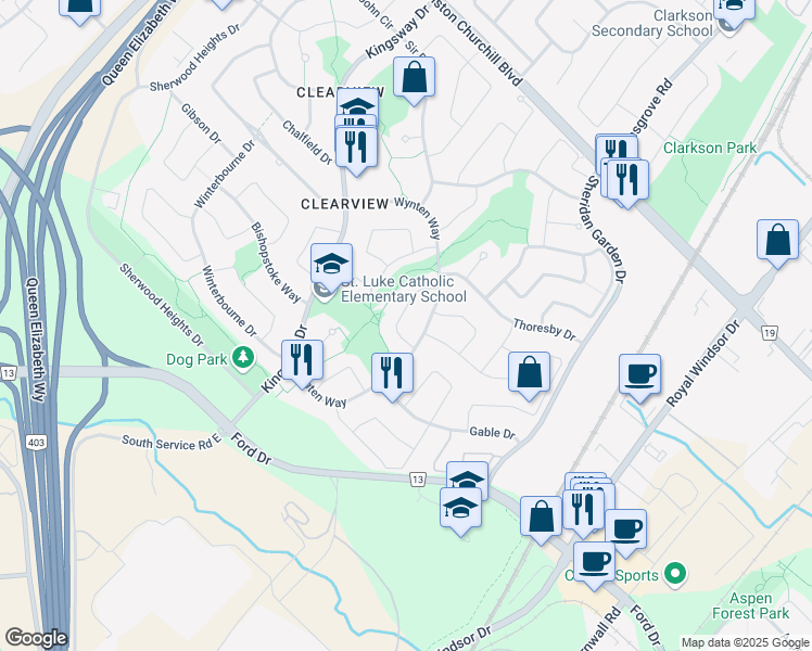 map of restaurants, bars, coffee shops, grocery stores, and more near 2550 Addingham Crescent in Oakville