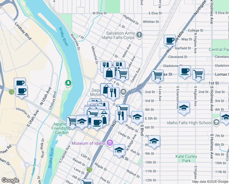 map of restaurants, bars, coffee shops, grocery stores, and more near in Idaho Falls